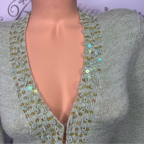 Y2k sparkly green cardigan sequins beaded glitter silver thread fairy π§ vibes - Picture 6 of 14